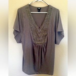 WOMENS H&M GOLD SEQUIN-STUDDED BROWN FLUTTER SLEEVE KNIT TOP SIZE XS